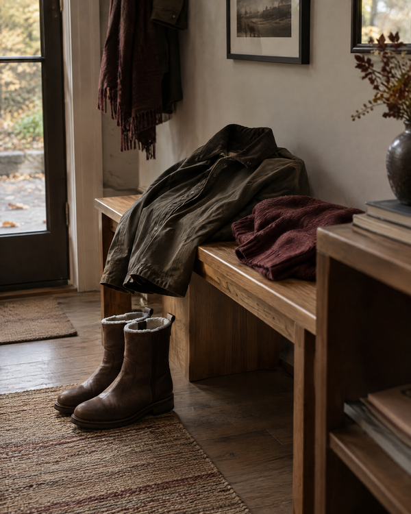 Entryway bench with a waxed canvas jacket, wool-lined leather boots and a knit sweater