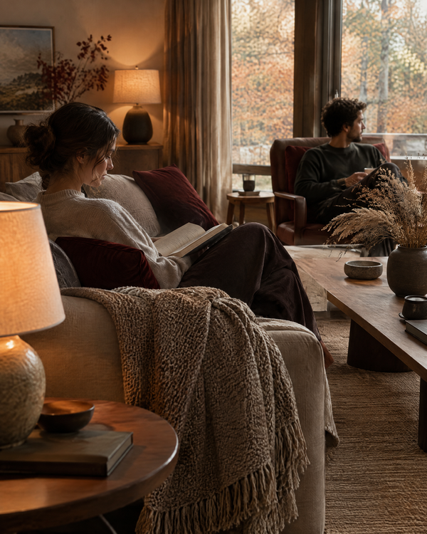 A living room with warm table lamps, a knit throw and a vase of dried grasses