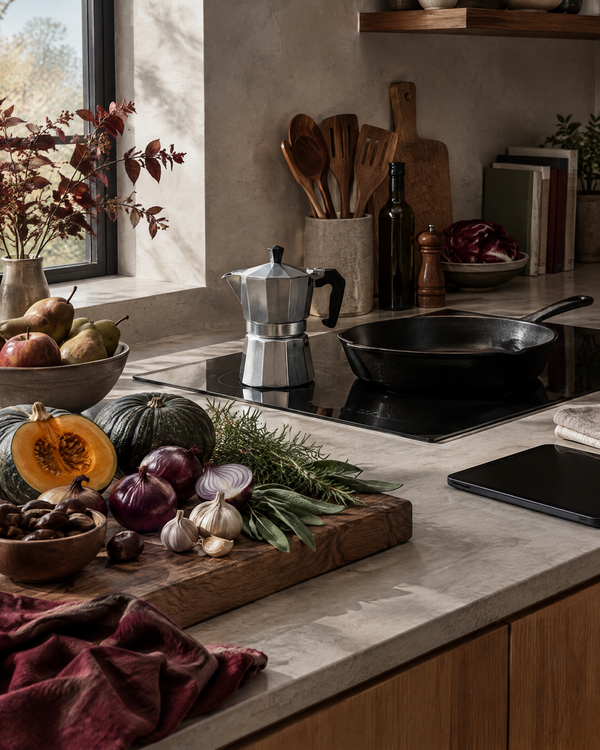Kitchen counter with an espresso maker, teak utensils, a cast iron skillet and autumn produce