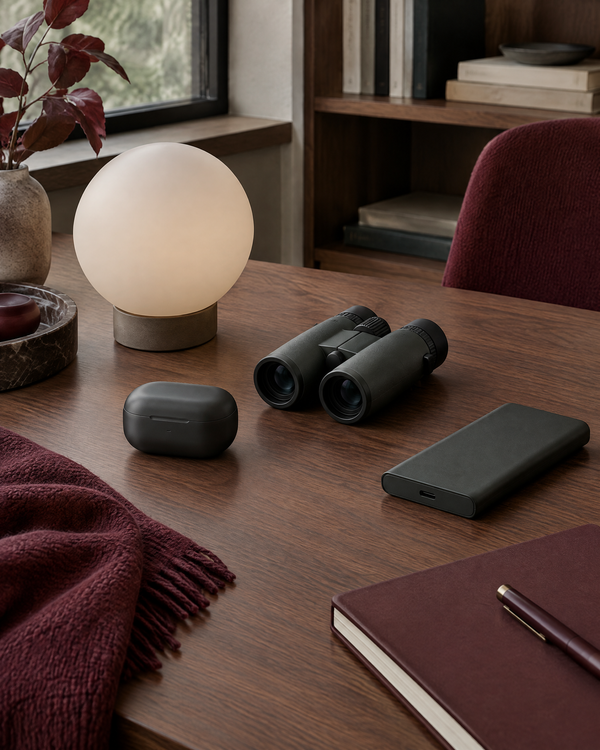 Walnut desk with an earbuds case, compact binoculars, a frosted sphere lamp and a power bank