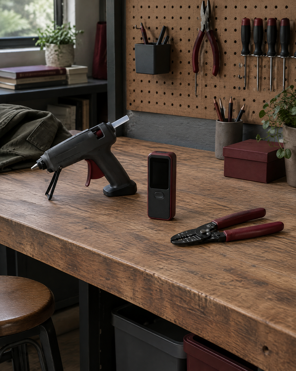 A workshop bench with a glue gun, laser measure and wire stripper before a pegboard