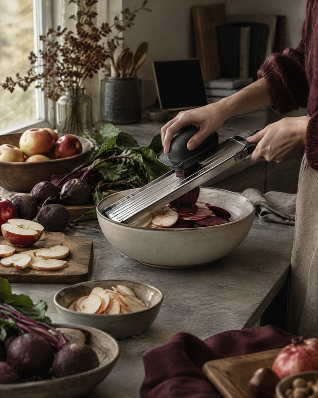 A stainless steel mandoline slicing apples and beets into a ceramic bowl on a kitchen counter