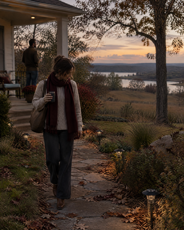 Small solar lights line a front yard pathway at twilight with a porch behind