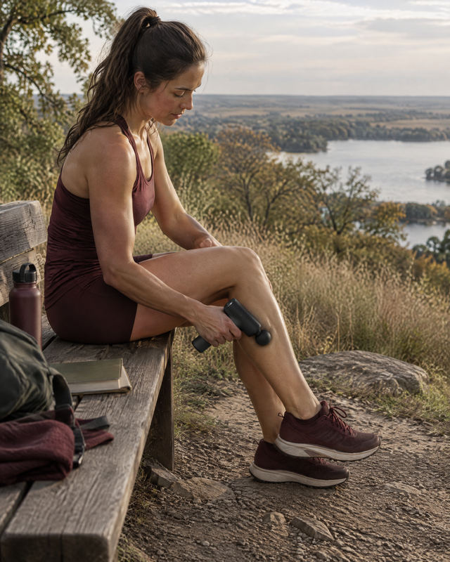 A woman in athletic wear on a wooden bench using a massage gun on her calf