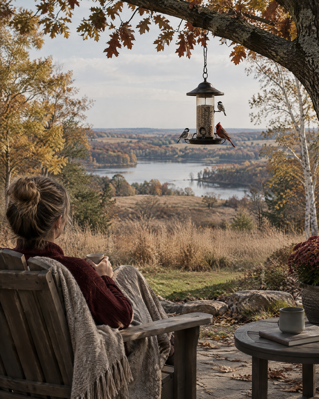 A metal bird feeder hanging from an oak branch with a cardinal and chickadees