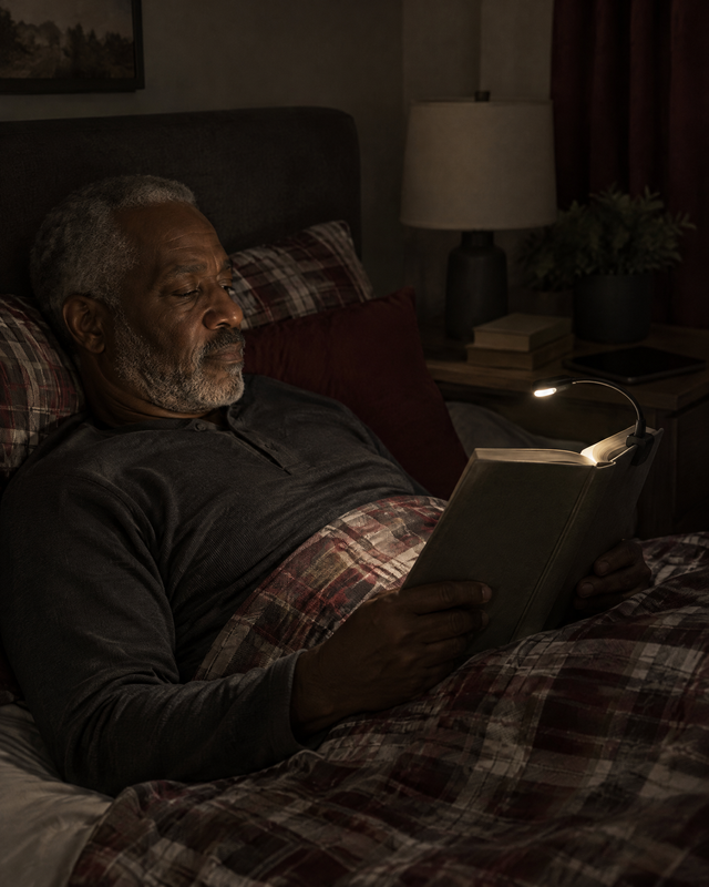 An older man in bed reading a book by a clip-on book light at night