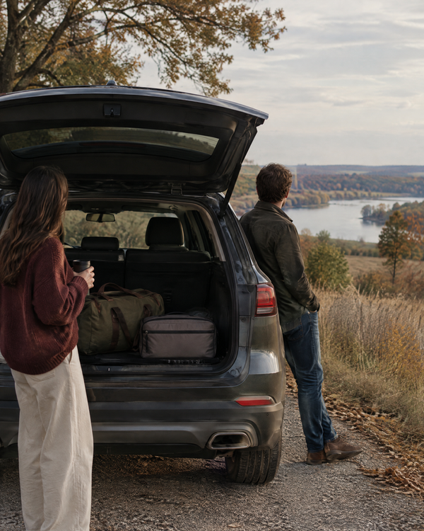 Open SUV trunk on an autumn country road with a duffle bag and travel organizer