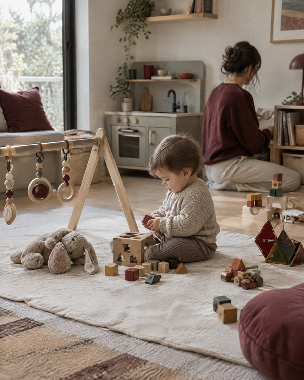 A bright playroom with a wooden baby play gym, plush toy, building toys and play kitchen
