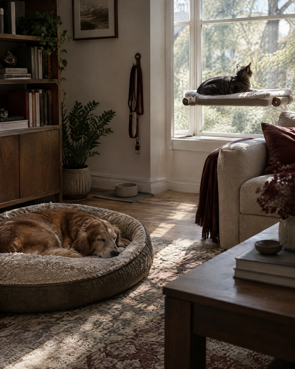 A dog asleep on a plush bed and a cat on a window perch