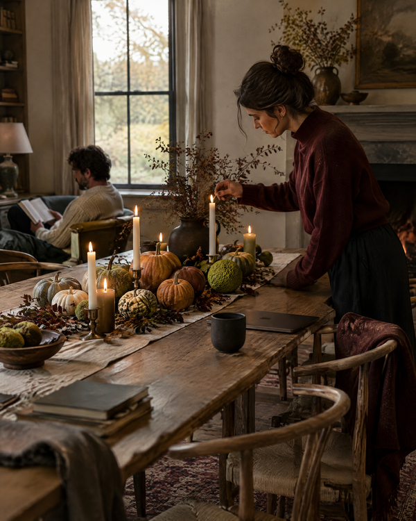 Harvest table with heirloom pumpkins, Osage oranges, candles and a linen runner in warm afternoon light