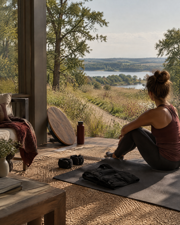 A sunlit porch fitness corner with a balance board, ankle weights, mat and weighted vest