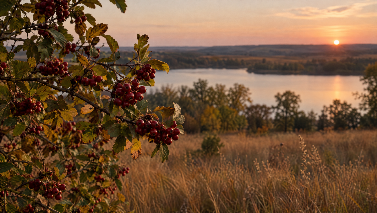Close-up of a hawthorn branch with red berries before a blurred golden prairie and lake