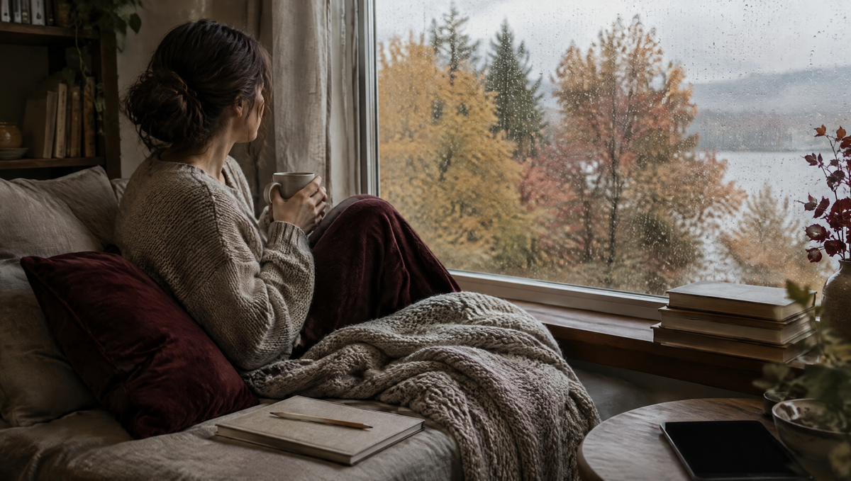 A window seat with a knit blanket, coffee mug, closed notebook and pencil, rain on glass