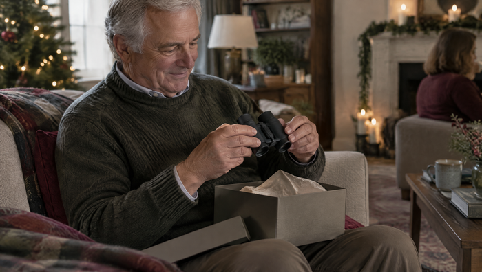 An older man smiles as he lifts binoculars from a gift box indoors