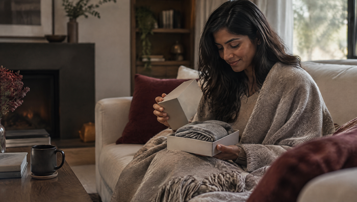 A woman in a knit blanket opens a small gift box containing a grey scarf