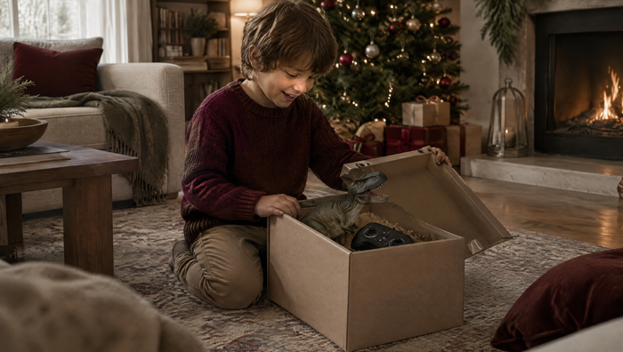 A delighted child kneeling on a rug opens a gift box with a toy dinosaur inside