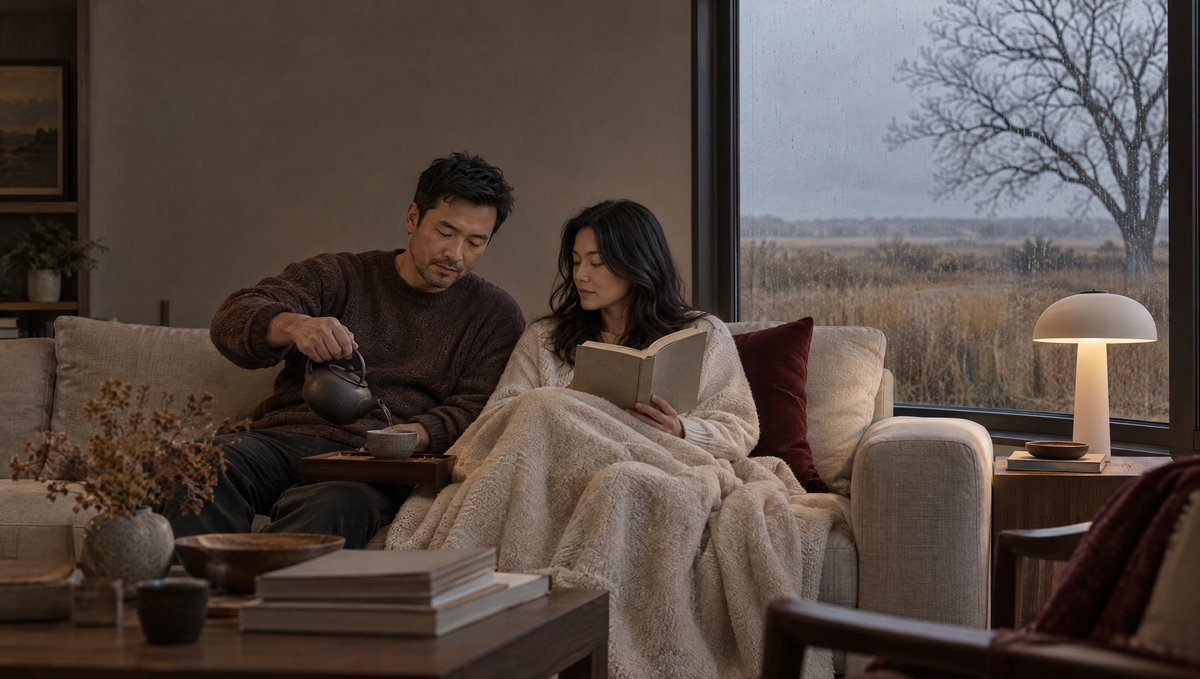 A couple under a cream blanket on a sofa with tea and a book, rain outside