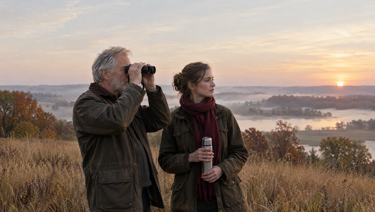 A father and adult daughter in jackets on a prairie at sunrise, he using binoculars