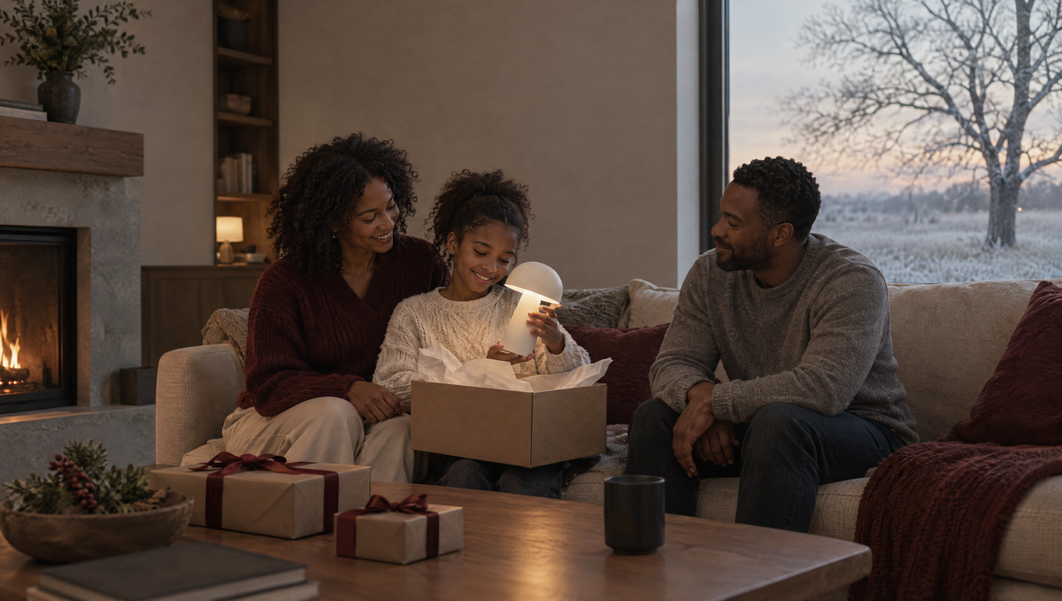 A mother and daughter lift a table lamp from a kraft box as the father watches