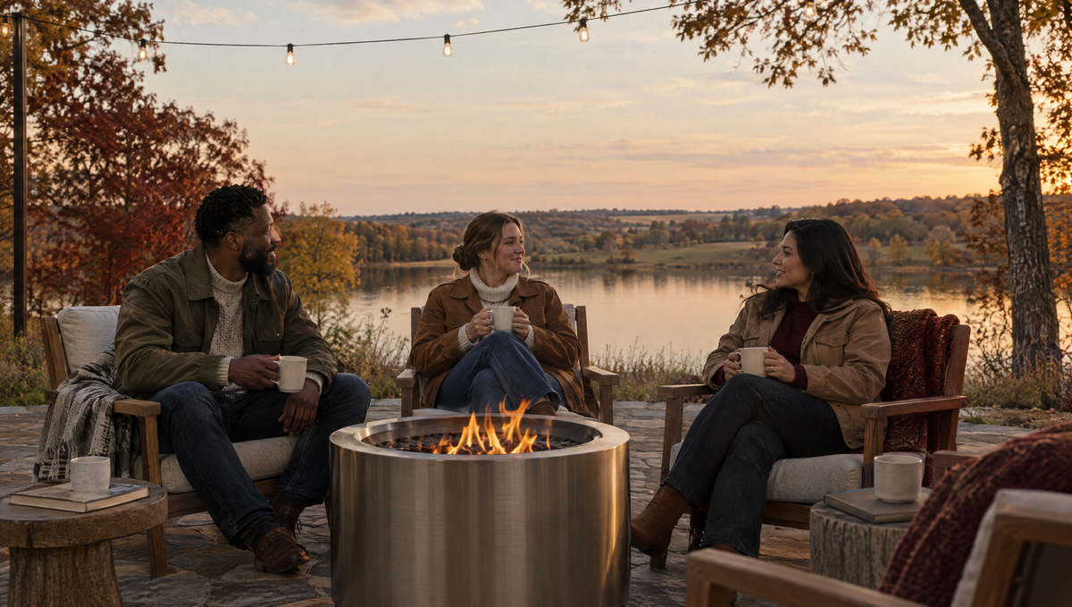 Friends relaxing around a fire pit by a lake in autumn
