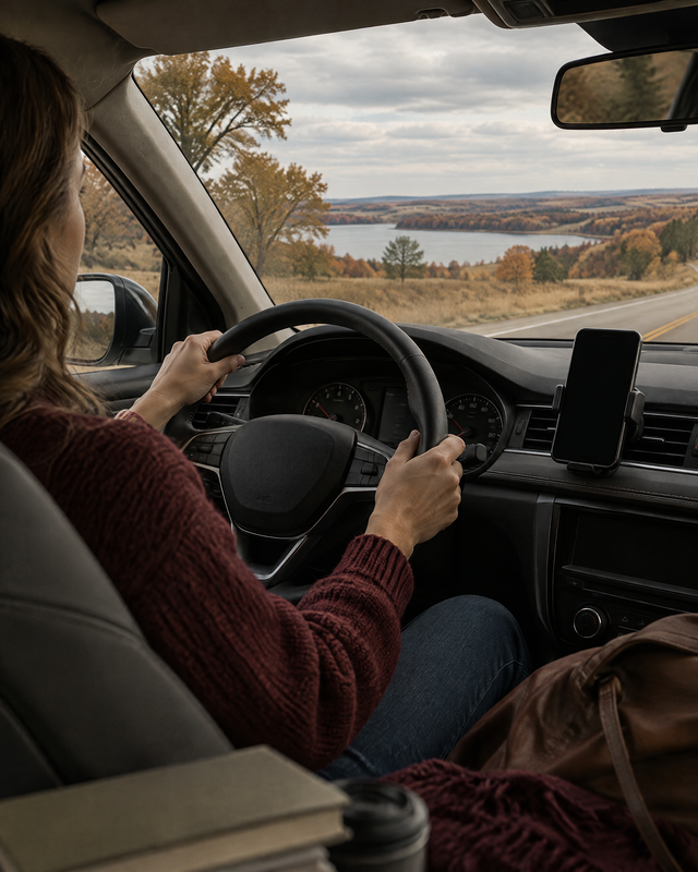 A phone held in a dashboard car mount while driving on a country highway in autumn