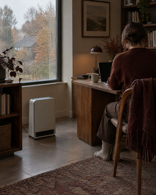 A person works on a laptop at a wooden desk with a space heater nearby