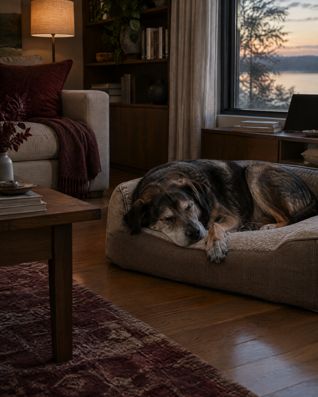 An older grey-muzzled dog asleep on a thick orthopedic dog bed in evening window light