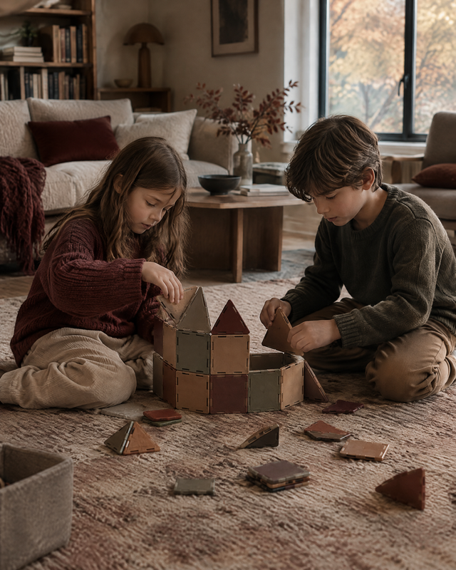 Two children building a structure from wooden-toned magnetic tiles on a living room rug