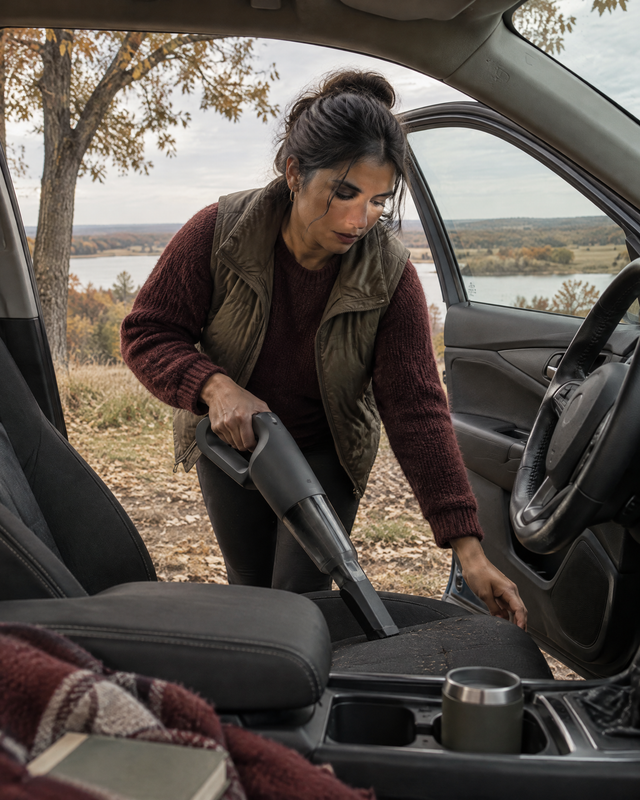 A woman cleaning her car interior with a cordless handheld vacuum through the open door